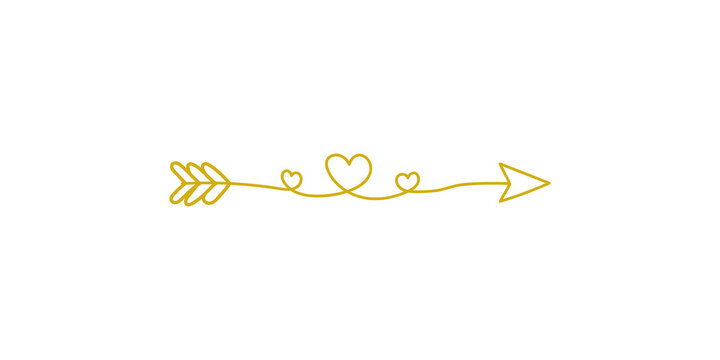 Drawn golden cupid arrow with three hearts, feather tail, and pointed head, isolated on transparent background