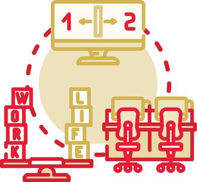 Collaborative workers choosing career development and breaktime management options, symbolizing successful team collaboration, planning, and scheduling with time and communication icons