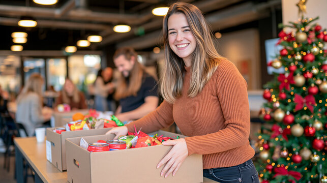 Corporate employees filling Christmas donation boxes with food and gifts, office break room transformed into charity station, festive decorations, collaborative volunteering concept, realistic candi
