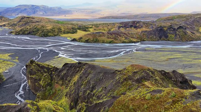 Aerial view over mountain peaks looking towards the Kross&aacute; and Markarflj&oacute;t Rivers in the &THORN;&oacute;rsm&ouml;rk (Thorsmork) nature reserve in the southern highlands of Iceland, September 2026.
