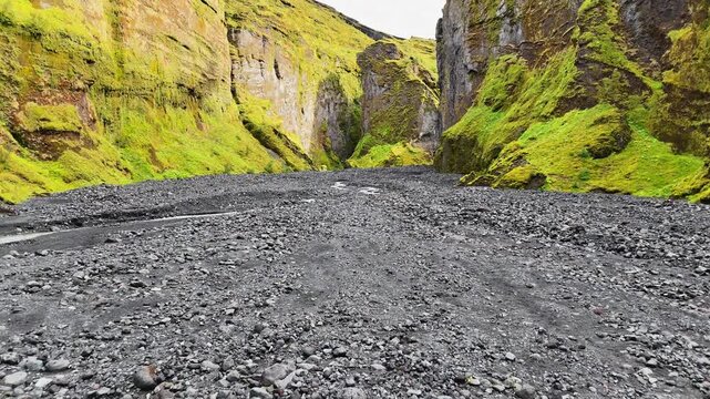 Aerial view rising from the river bed in the Stakkholtsgj&aacute; Canyon in the &THORN;&oacute;rsm&ouml;rk (Thorsmork) nature reserve in the southern highlands of Iceland, September 2026.