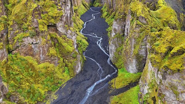 Drone view lookinging down into the Stakkholtsgj&aacute; Canyon in the &THORN;&oacute;rsm&ouml;rk (Thorsmork) nature reserve in the southern highlands of Iceland, September 2026.