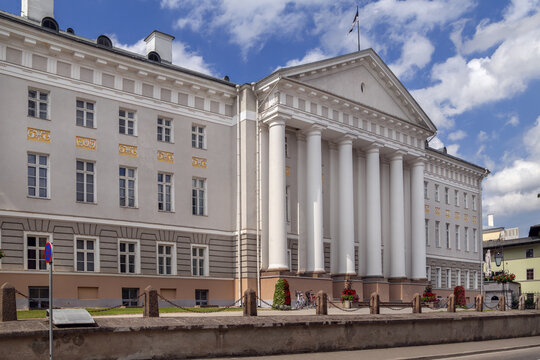 Front facade of University of Tartu main building, Estonia. Daytime view of classicist architecture