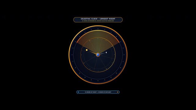 Antique astronomical clock face displaying the dominant 16-hour night sector with an inner rotating star ring and glowing solstice markers, ending in a seamless 12-second 4K alpha loop.