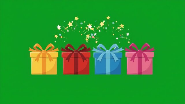 Four colorful gift boxes with ribbons and glowing magic stars on green background.