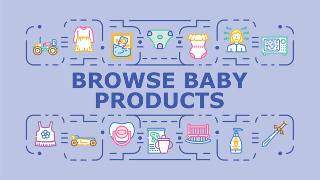 Browse baby products banner infographic. Crib nursery, lotion bottle, stroller care icon vector illustration