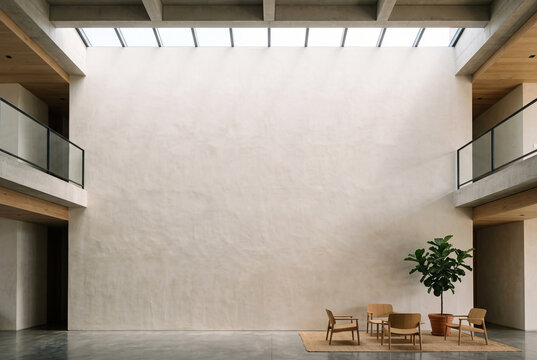 Double height wall with light from clerestory window above washing down surface