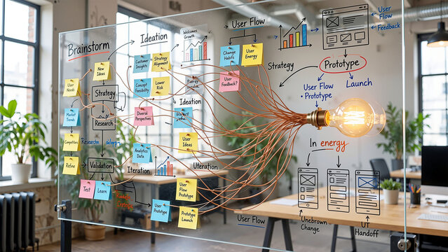 Creative Brainstorming and Ideation on Glass Board with Sticky Notes Connected to Glowing Lightbulb for Startup Business and UX Innovation Concept