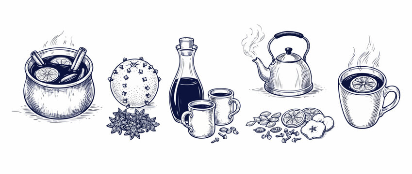 Winter hot drinks spices sketch set in vintage engraved style featuring steaming tea cups mulled wine cinnamon citrus star anise teapot for cozy seasonal holiday menus and festive autumn celebration