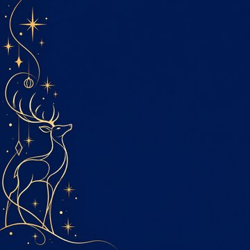 Elegant golden line art of a graceful deer stands adorned with sparkling stars on a deep navy blue