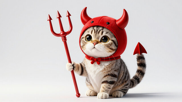 Adorable tabby kitten in a playful devil costume, holding a tiny red pitchfork, perfect for whimsical Halloween themes and mischievous pet portrayals