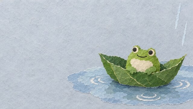 葉っぱの舟で水たまりを進む小さなカエルの和紙ちぎり絵