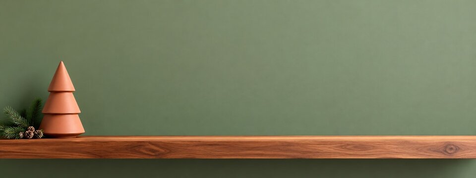 Small wooden evergreen tree stands on a rustic timber shelf against a plain matte olive green wall