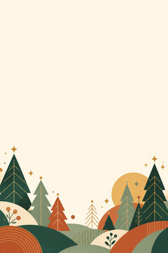 Hand drawn winter forest landscape featuring stylized evergreen trees and rolling hills in a flat