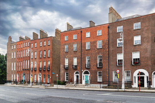 Street view of Merrion Street Upper with traditional houses in Dublin, Ireland. Daytime shot of georgian architecture