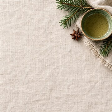 Small ceramic bowl of herbal tea sits on a textured linen cloth beside fresh pine sprigs and dried
