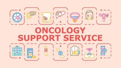 Obraz premium Oncology support service banner infographic. Therapy education, treatment coordination, guidance survivorship icon vector illustration