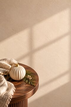 Small ceramic pumpkin decor resting on dark wooden side table beside cozy woven throw in warm