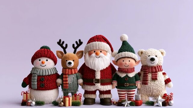 AI-generated video of cheerful characters a reindeer, Santa Claus, snowman, a polar bear, and an elf dancing and celebrating together in a Christmas magic theme, with a plain, pastel purpl background.