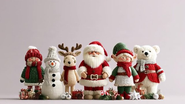 AI-generated video of cheerful characters a reindeer, Santa Claus, snowman, a polar bear, and an elf dancing and celebrating together in a Christmas magic theme, with a plain, pastel purpl background.