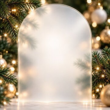 Frosted glass arch sign with golden bokeh lights and pine branches christmas evergreen decoration