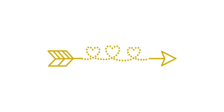 Golden arrow divider with fletcher feathers and three dotted hearts isolated on transparent background