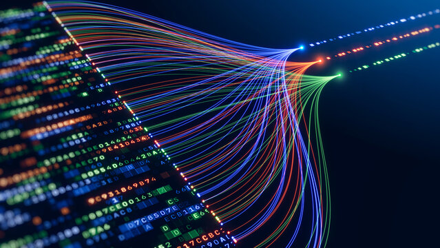 Neural network, Artificial intelligence, Big data, Data stream, Data processing and Digital network. 3d illustration