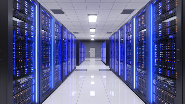 Server room with server tower racks - storage and processing server room, data center AI processing concept. 3d illustration
