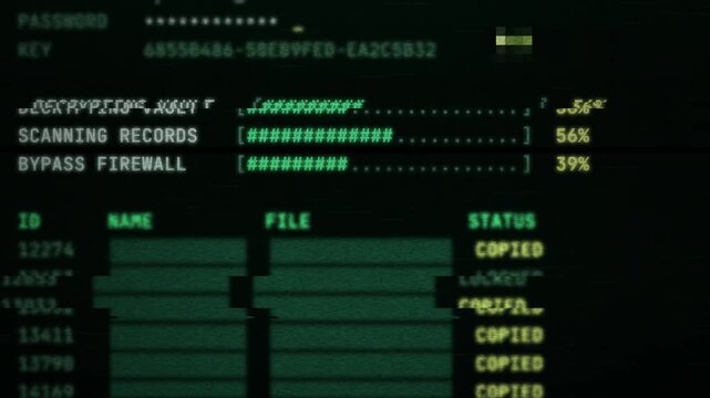 Green Terminal Interface Showing a Data Breach with Firewall Bypass and Decrypting Vault Progress.