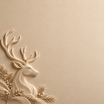 Decorative relief sculpture of deer head profile with golden pine wildlife christmas