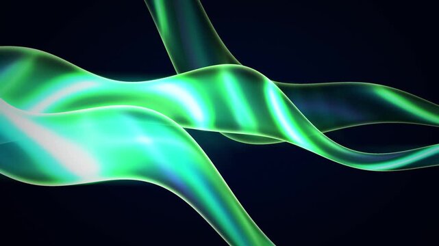 Glowing green and blue translucent abstract waves flowing smoothly against a dark digital background with reflective surfaces