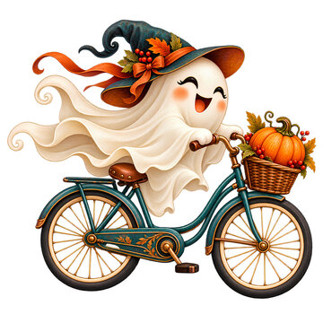 Whimsical Halloween Ghost Wearing a Witch Hat Riding a Vintage Bicycle with a Pumpkin Basket and Autumn Leaves Isolated on Transparent Background