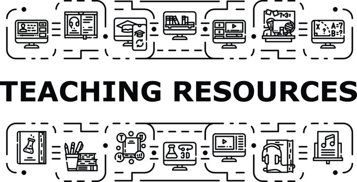 Teaching resources banner infographic. Guide exercises, curriculum support, learning teacher icon vector illustration