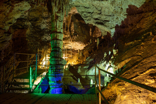 Stalactite column in Big Azish cave. Republic of Adygea, Russia
