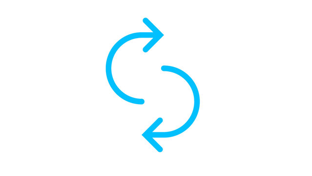 Cyan two curved arrows forming circular loop for cycle repeat sync and reload concept line.