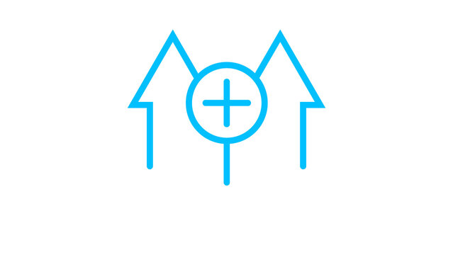 Blue geometric arrows pointing upward with plus sign symbol illustrate business expansion.