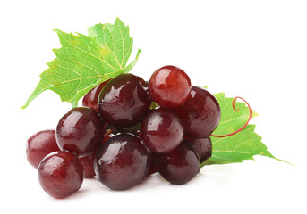 Fototapeta premium Fresh ripe grapes and green leaves isolated on white
