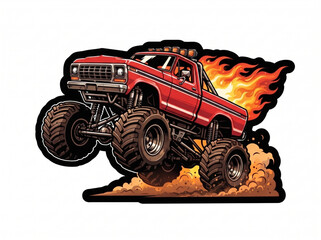 Red monster truck sticker with flames and dust © Gina