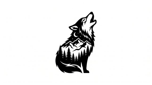 Howling wolf silhouette with mountain landscape and pine forest inside double exposure nature art black and white wolf howling at moon with stars wilderness adventure logo design wolf with forest