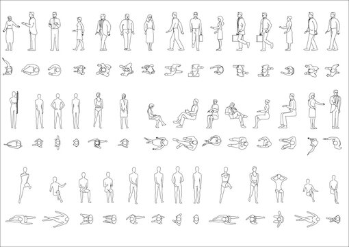 Human figures in various poses for architectural planning and design projects - Technical CAD Drawing