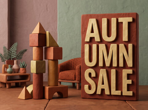 Claymation autumn sale sign with stacked building blocks and cozy armchair in simple room background advertising seasonal retail promotions.