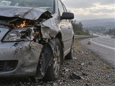 Crashed silver car with burning engine at roadside on highway shoulder. Front-end collision damage and broken windshield. Road safety and traffic accident concept.