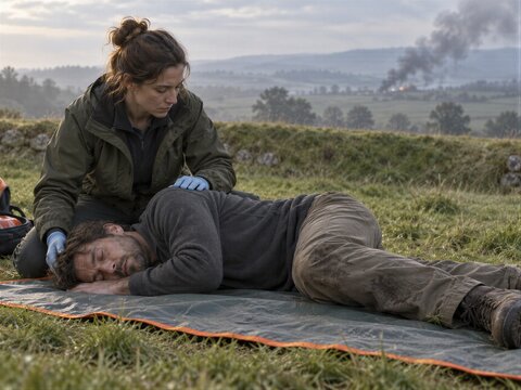 Female paramedic kneeling beside injured man lying on emergency tarp in open field. Smoke rising from burning wreckage in distant valley. Emergency medical care and first aid response.