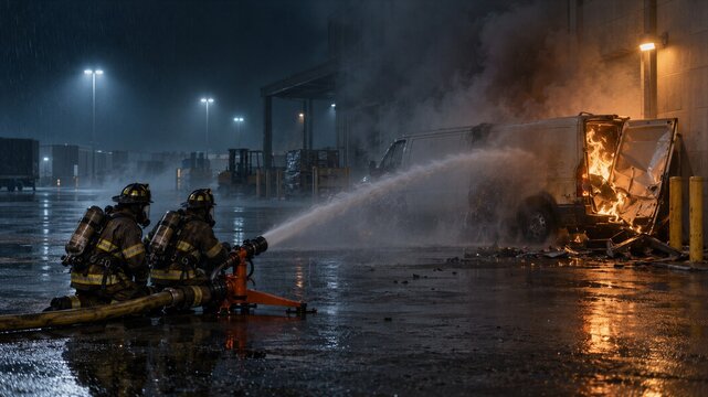 Firefighters operating hose nozzle spraying water on burning van at industrial warehouse yard at night. Emergency response in rain. Fire suppression and emergency service concept.