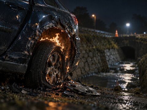 Burning wheel of damaged black car at night beside a stone culvert and wet stream. Close-up of flames around tire and detached hubcap. Car fire after road accident.
