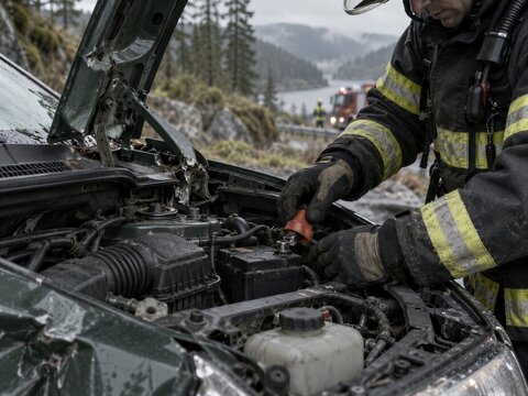 Firefighter disconnecting battery of damaged car with open hood after crash. Fire truck on mountain road in background. Emergency response and fire safety. Vehicle rescue operation.