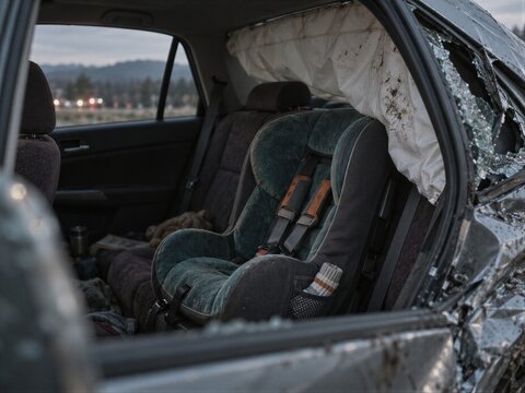 Child car seat inside wrecked vehicle with shattered window and deployed airbag after traffic accident. Damaged car interior with broken glass. Road safety and child passenger protection