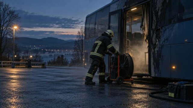 Firefighter with ventilation fan at burned bus after fire at dusk. Firefighter in protective gear operating smoke extraction equipment. Fire safety and emergency response.