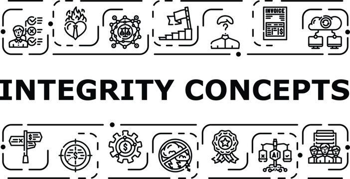 Integrity concepts banner infographic. Responsibility honesty, character principle, trust morality icon vector illustration