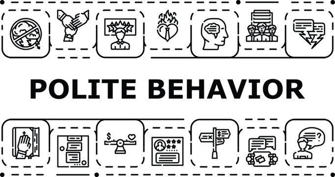 Polite behavior banner infographic. Civility restraint, courtesy gentility, modesty charm icon vector illustration